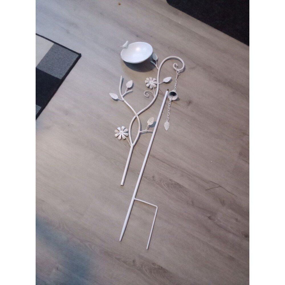 WHITE Birdbath Flowers Bell Windchime Feeder Stake Garden Yard